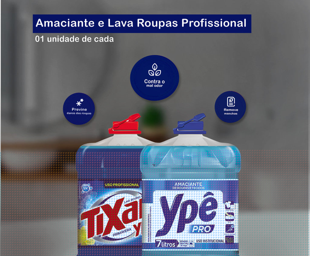 Kit Lavandeira: Lava Roupas Líquido Profissional Tixan Ypê 7L + Amaciante de Roupas e Tecidos Ypê Pro 7L