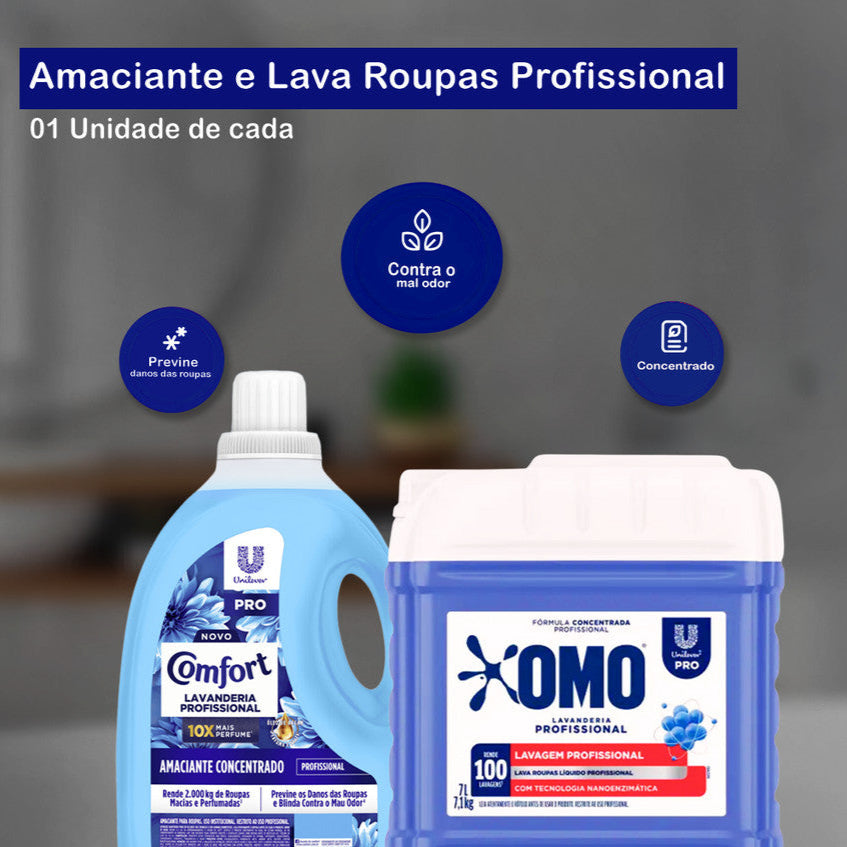 Kit Lavandeira: Lava Roupas Líquido Lavanderia Pro Omo 7L + Amaciante Concentrado Profissional Comfort 5L